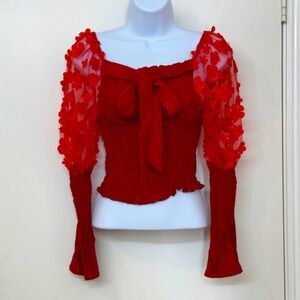 NWOT Red Smocked Crop Top - 3D Floral Mesh Long Sleeves - Off-Shoulder Size S